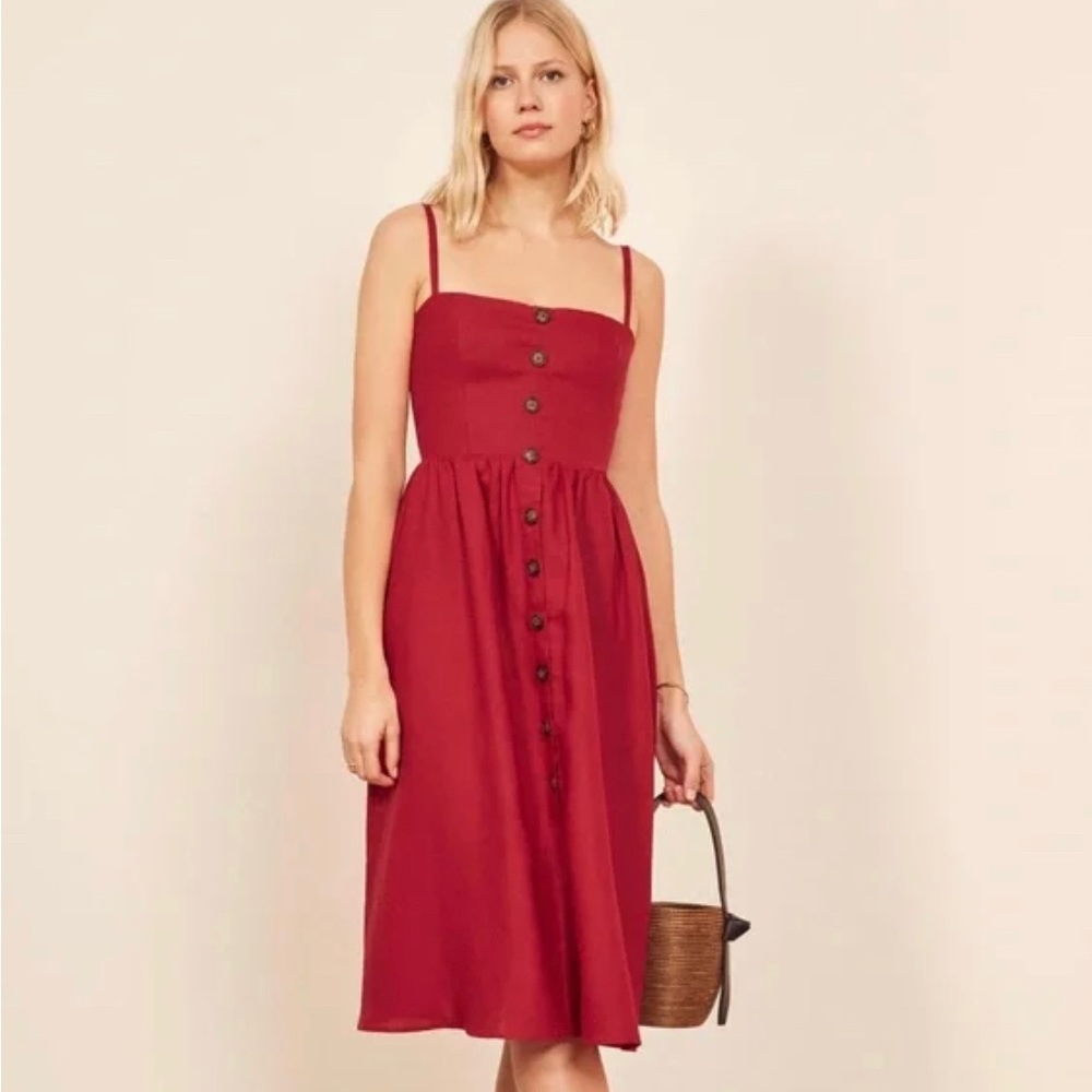 Reformation Cherry Red Tori Linen Midi Dress